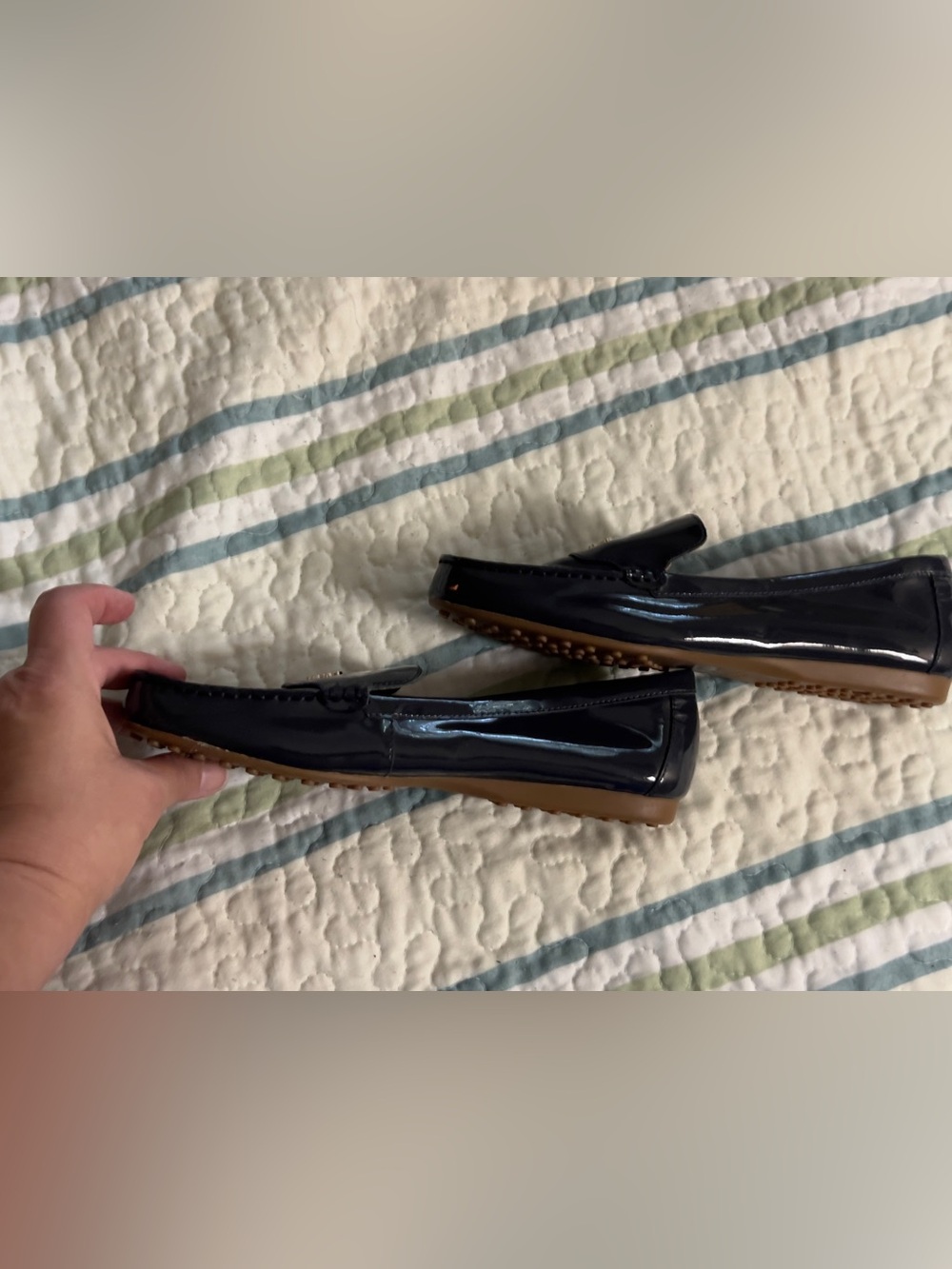 Kate Spade New York Navy Patent Leather Deck Loafers with Gold Logo - Picture 6 of 8